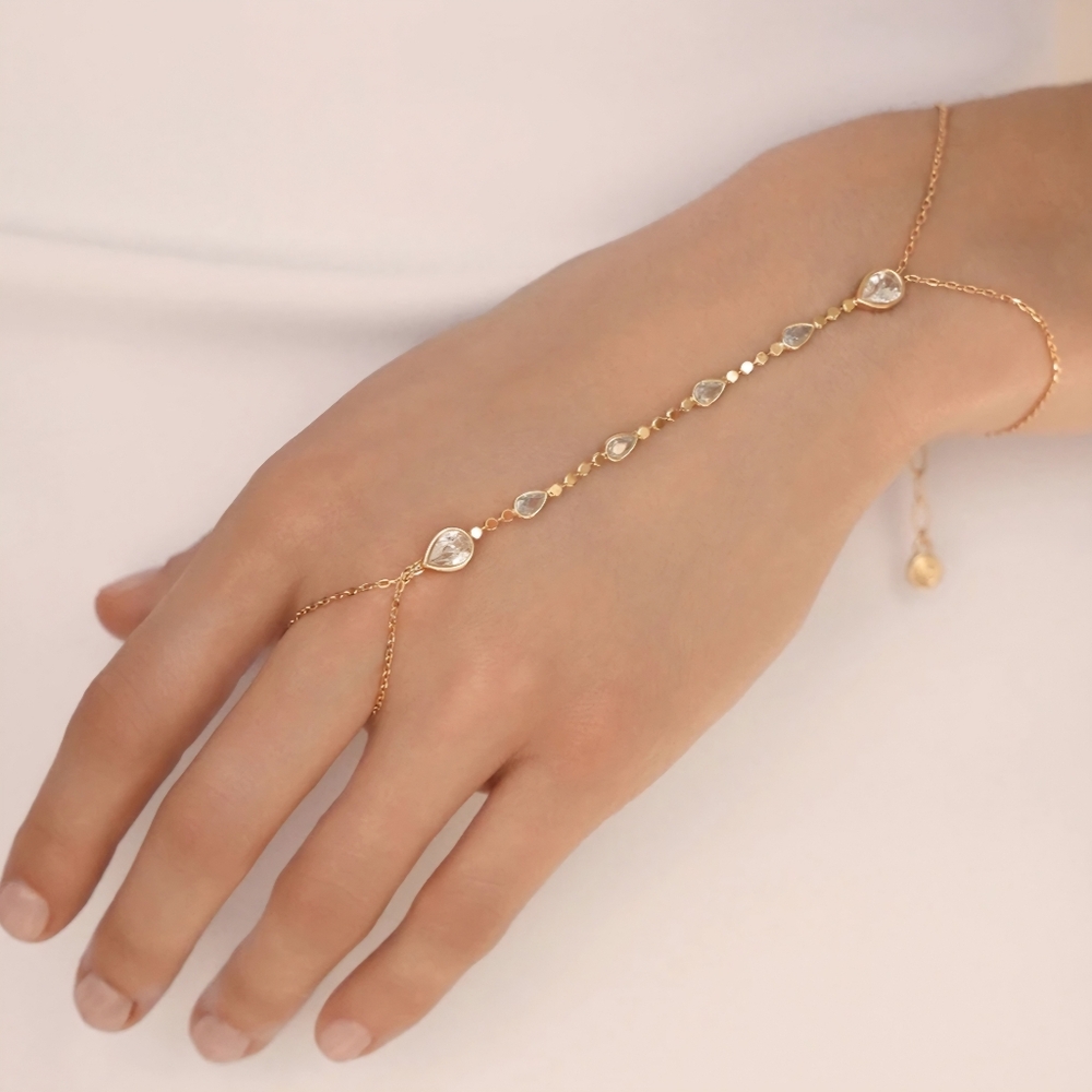 Ettika Jewelry Hand Chain Linked Ring & Bracelet 18k Gold Plated CZ Crystals